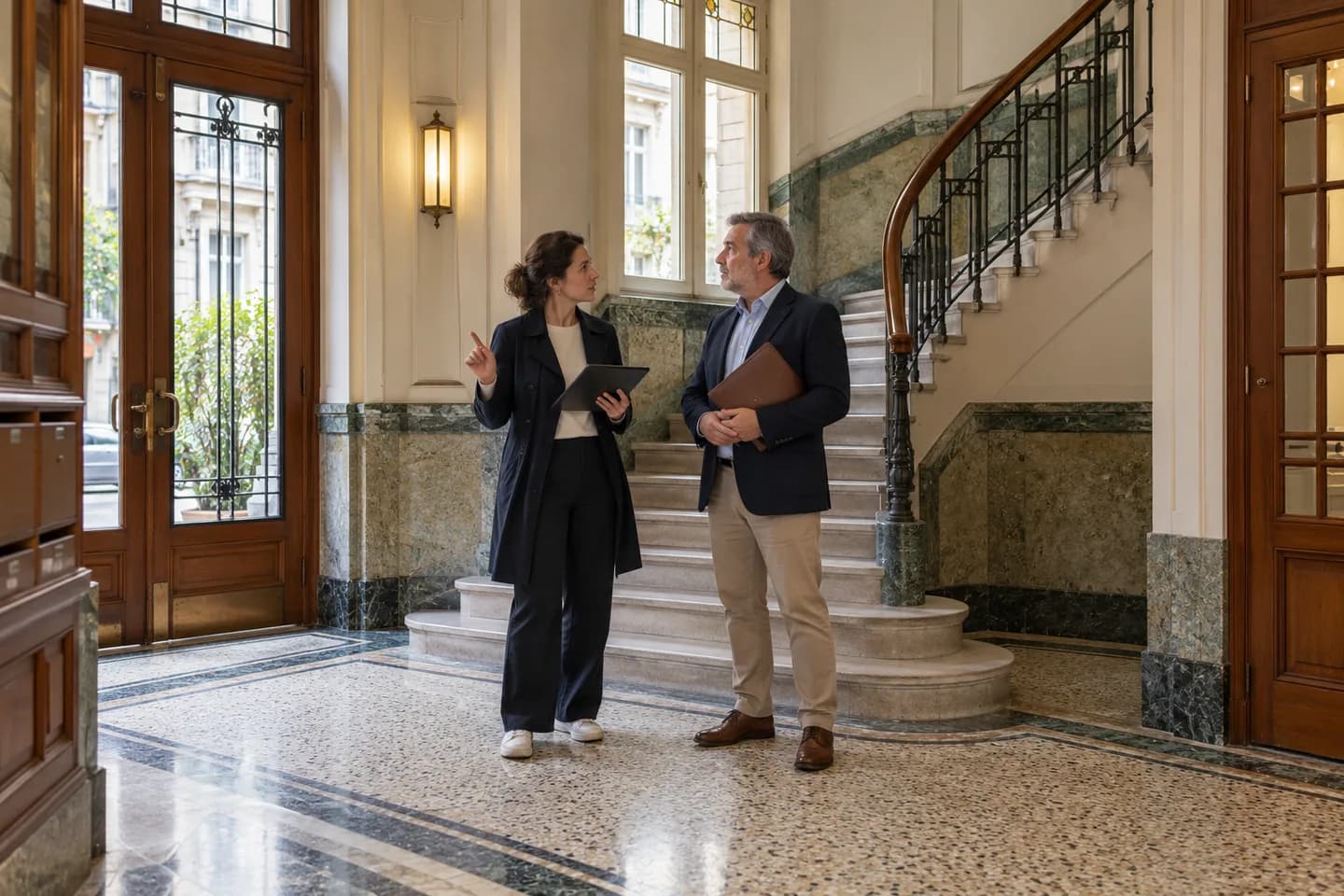 Discussion with a building manager in a Brussels apartment entrance hall