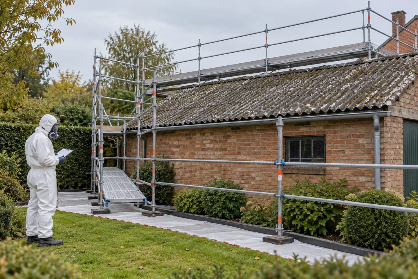 Préparation d’un chantier de toiture avec échafaudage et zone délimitée